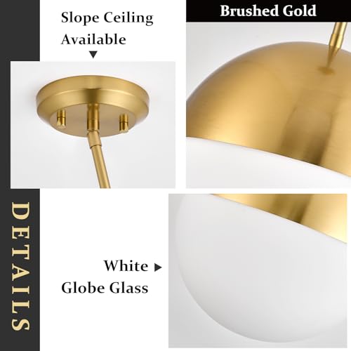 10in Glass Gold Pendant Light Globe Mid Century Modern Kitchen Island Pendant Lighting Brass Frosted Glass Hanging Light Fixtures Milky White Ball Pendant Lights for Dining Room Entry Bathroom