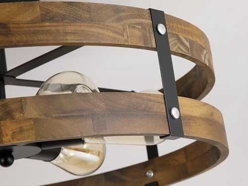 6 Light Large Rustic Farmhouse Wood Flush Mount Ceiling Light Fixture 20 inch Oak Wood and Metal Round Drum Semi Flush Mount Ceiling Light for Hallway Entry Farmhouse Bedroom Living Room