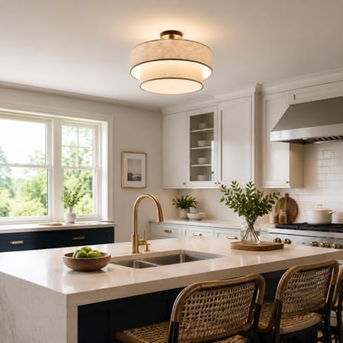 3 Light 12" Cream Fabric Gold Semi Flush Mount Close to Ceiling Light Fixture