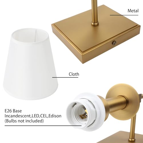 Set of 2 Classic Rustic Industrial Wall Sconce Lighting Fixture with Flared White Textile Lamp Shade and Antique Brass Tapered Column Stand (2 Count)