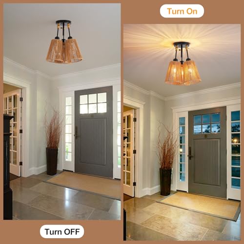 3 Light Rattan Boho Ceiling Light Adjustable Farmhouse Fixture (1 Pack 3-Light)