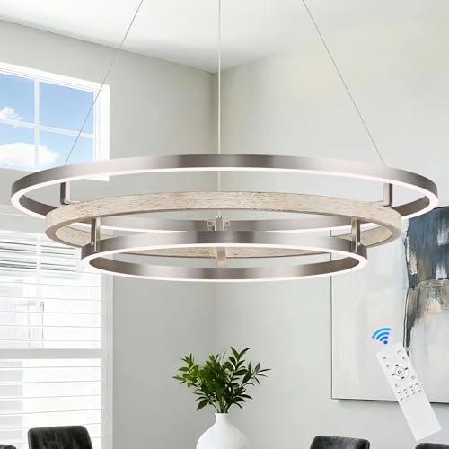 3 Ring LED Chandelier Modern Chandelier Weathered Wood Nickel Dimmable 31''
