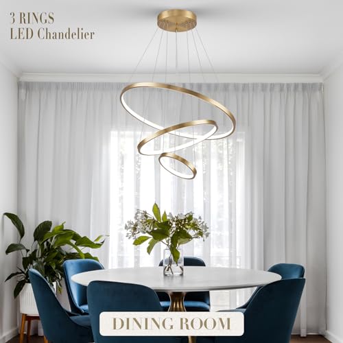 3 Rings LED Chandeliers Modern Gold Chandelier Dimmable Flush Mount Pendant Light Fixture Remote Control Contemporary Pendant Chandelier for Dining Room Bedroom Foyer