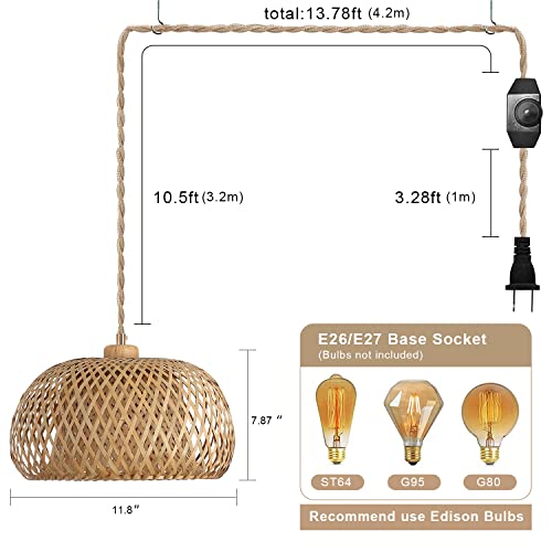 Bamboo Plug in Pendant Light with 14ft Handmade Woven Light Cord