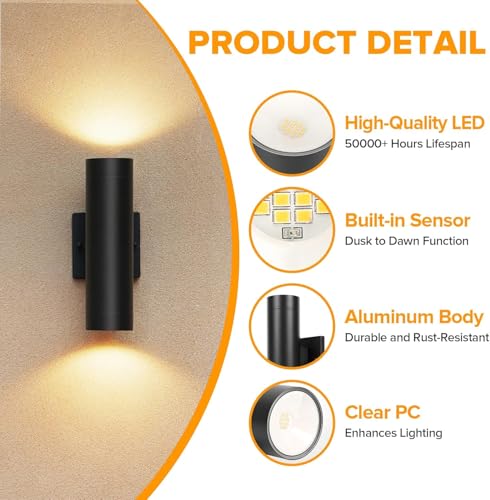 Dusk to Dawn Outdoor Wall Lights (2 Pack)