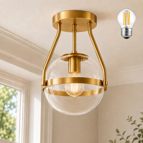 6" Globe Semi Flush Mount Ceiling Light Fixture Modern Gold Semi Flush Mount Ceiling Light Mid Century Ceiling Light with Clear Glass Shade Brass Finish for Hallway Bathroom Foyer