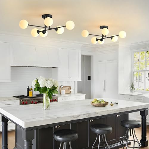 Black Modern Sputnik Chandelier Ceiling Light Fixtures 6 Light Milk Glass Globe Sputnik Chandelier Mid Century Bedroom Semi Flush Mount Ceiling Light