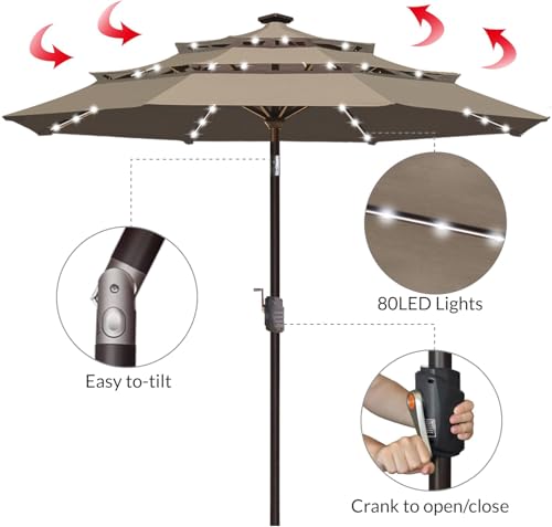 USA 10-Year-Non-Fading 9ft 3-Tier Market Patio Umbrella, Commercial Table Umbrella with 80 Solar LED Lights, Crank Open, Windproof & UPF 50+ UV Protection for Garden, Deck, Pool, Backyard, Mushroom