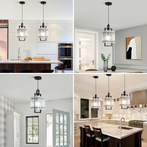 Black Pendant Light Fixtures Modern Pendant Lights Kitchen Island Water Ripple Glass Square Pendant Light Adjustable Hanging Pendant Lighting for Kitchen Dining Room Over Island 1 Pack