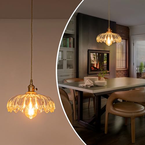 EDSILIVE Vintage Flower Glass Pendant Lights Kitchen Island 9.84" Antique Flower Clear Glass Hanging Ceiling Light Fixture with Adjustable Brass Twine Wire for Dining Room Kitchen Table