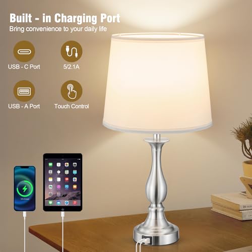 Bedside Table Lamp Touch Control Bedroom Lamps with USB A + C Charging Port 3 Way Dimmable Touch Lamps for Nightstand Living Room Bedroom Dorm Home Office Reading (2 Count)