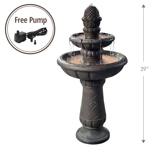 Deluxe Pineapple Pedestal 2 Tiered Floor Waterfall Fountain with Pump for Outdoor Patio Garden Backyard Decking