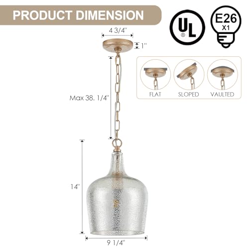 10” Large Silver Plated Hammered Glass Pendant Light Industrial Dome Modern Pendant Lighting Fixtures for Kitchen Island Dining Room Hallway