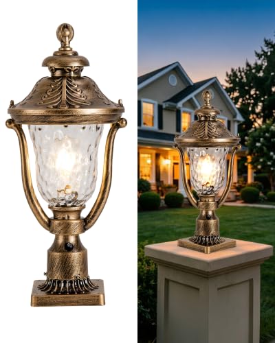 Retro Outdoor Post Light with Dusk to Dawn Sensor 21.5" Large Exterior Waterproof Lamp Brass Pole Lighting Fixture for Garage Garden Patio Pathway Yard Fence Bronze