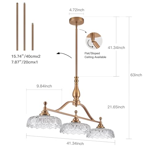 Chandeliers Pendant Light Fixture Vintage Pendant Lighting Fixtures 3 Lights Chandelier Matte Brass Kitchen Glass Hanging Lamp for Island Dining Room Living Room