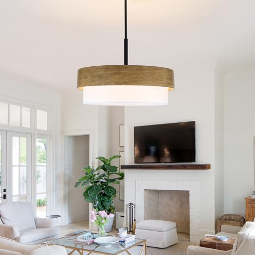 23.6" Large Wood Texture Drum Chandelier for Dining Room with White Fabric