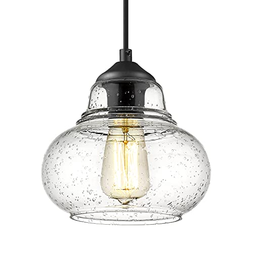 8 Inch Globe Pendant Light Bubble Glass Industrial Kitchen Island Hanging Pendant Light Fxiture Modern Hand Blown Seeded Glass for Farmhouse Dining Room Bar Bedroom Living Room Black