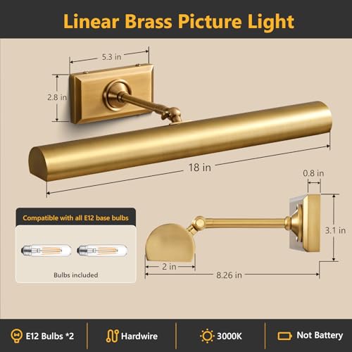 18 inch Brass Picture Light Hardwired Picture Light Library Light