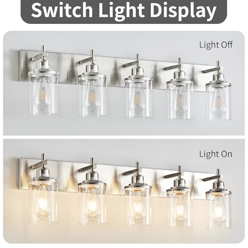 5 Light Brushed Nickel Bathroom Light Fixture Over Mirror Modern Bathroom Vanity Light Vintage Wall Lighting with Clear Glass Shade for Bathroom