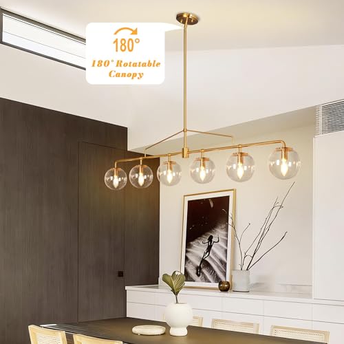 Gold Linear Chandelier 6 Lights Seeded Glass Globe Pendant Light