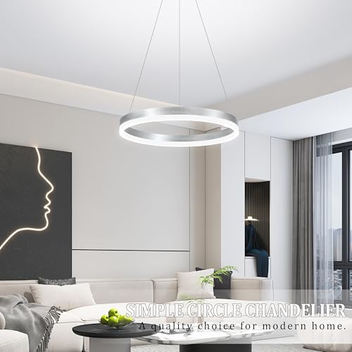 20" Modern Nickel Led Chandelier Ring Dimmable LED Chandeliers with Remote Control for Kitchen Island Height Adjustable Chandelier Led Pendant Light for Living Room Dining Room Bedroom Foyer