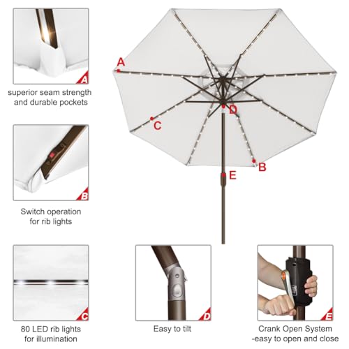 USA 10-Year-Non-Fading 9ft Market Patio Umbrella, Commercial Grade Table Sun Umbrella with 80 Solar LED Lights, Crank Open, Windproof & UPF 50+ UV Protection for Garden, Deck, Pool, Backyard, White
