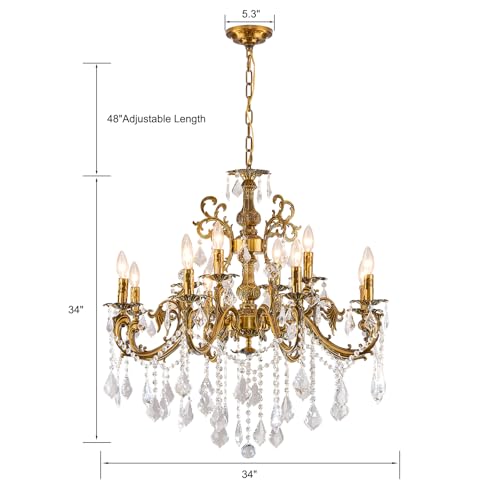 Vintage 8 Arms Crystal Chandelier Candle Light Fixture for Dining Room Living Room Bedroom Hallway Entryway Antique Gold Finish