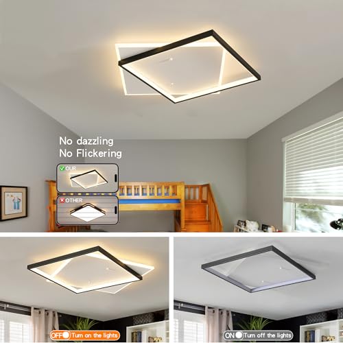 Black Modern LED Bedroom Ceiling Light Dimmable Flush Mount Ceiling Light Fixture 22" Square Ceiling Lamp with Remote Control Kitchen Lighting Fixture Ceiling