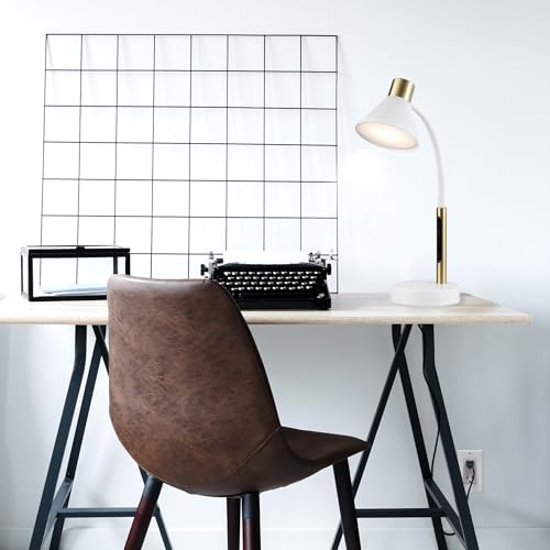 15" LED Integrated Matte White Desk Lamp with Matte Brass Accent and Adjustable Silicone Gooseneck