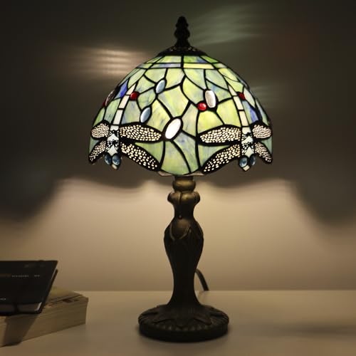 Tiffany Table Lamp Dragonfly Style Sea Blue Stained Glass Accent Lamp Bronze Resin Base 8X8X14 Inch