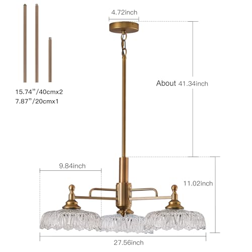 Chandelier Pendant Lights Fixture Vintage Pendant Lighting Fixtures 3 Lights Chandelier E26 Base Brass Kitchen Glass Hanging Lamp for Island Dining Room Living Room