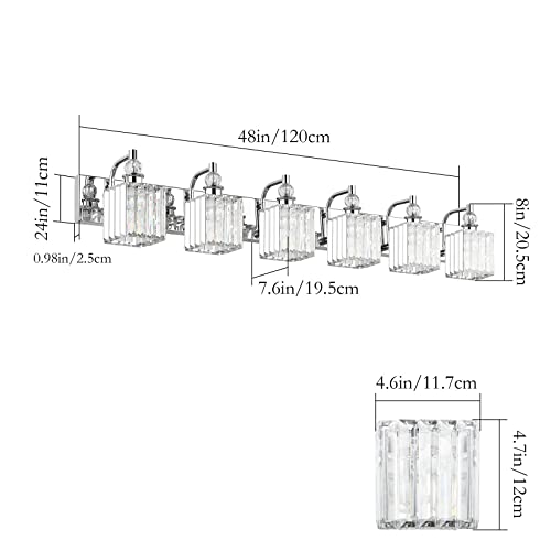 Crystal Vanity Light 6 Light 48''Modern Chrome Bathroom Vanity Lighting Over Long Mirror Crystal Bathroom Wall Lighting Fixtures
