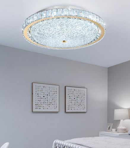19.6" Modern Crystal Chandelier Dimmable LED Flush Mount Ceiling Light with Remote Control for Living Room Dining Room Bedroom Hallway Foyer Gold
