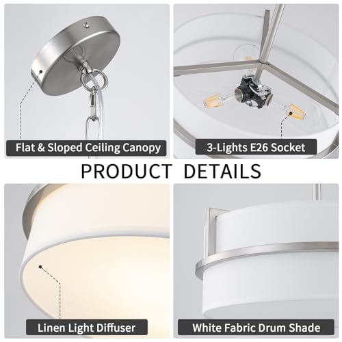 15.7" Modern Drum Chandelier Ceiling Light with White Fabric Shade