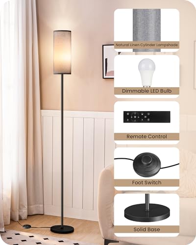 Dimmable Gray Floor Lamp for Living Room with Remote and Foot Switch