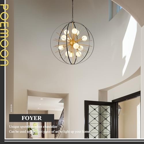 31" 12 Light Black Gold Sputnik Chandelier with Milk Glass Shade