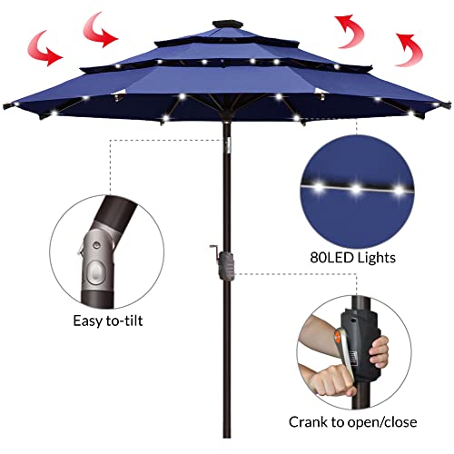 USA 10-Year-Non-Fading 9ft 3-Tier Market Patio Umbrella, Commercial Table Umbrella with 80 Solar LED Lights, Crank Open, Windproof & UPF 50+ UV Protection for Garden, Deck, Pool, Backyard, Navy Blue