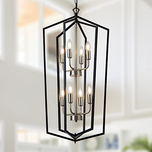 8 Light Lantern Tired Farmhouse Ceiling Hanging Light Black Chandelier Metal Modern Pendant Light Fixtures for Kitchen Island Dining Room Living Room Foyer Entryway