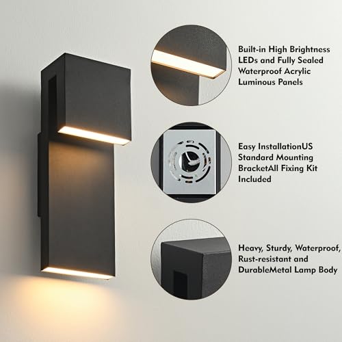 Modern LED Outdoor Wall Light 3000K 18W IP65 Waterproof Integrated LED Outdoor Wall Sconce Anti Rust Black Porch Lights Exterior Lighting Outside Lights Fixture for Garage (2 Count)