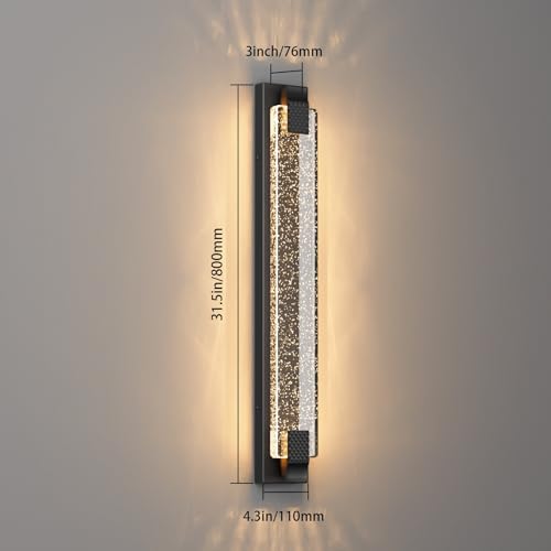 31.5in Modern LED Outdoor Wall Sconces Crystal Bubble Glass Black Exterior Lights