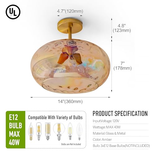 Brass Gold Semi Flush Mount Ceiling Fixture Large Hammered Glass Shade Modern Close to Ceiling Light 14" Art Lampshade for Hallway Foyer Bedroom