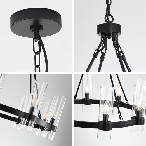 26 Inch Black Wagon Wheel Chandelier 8 Lights with Glass Shade