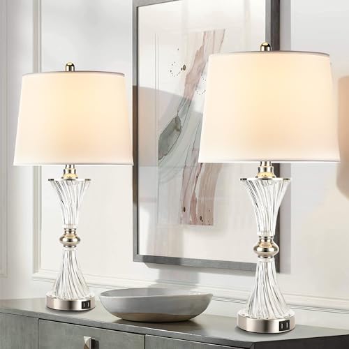 Touch Control Table Lamp for Bedrooms 3 Way Dimmable White Drum Shade Modern Bedsides Nightstand lamp Set of 2 with 2 USB Charging Port