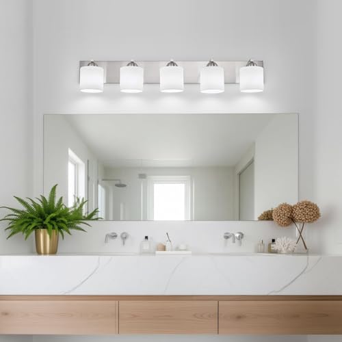 5 Light Brushed Nickel Bathroom Vanity Light with White Glass Shades