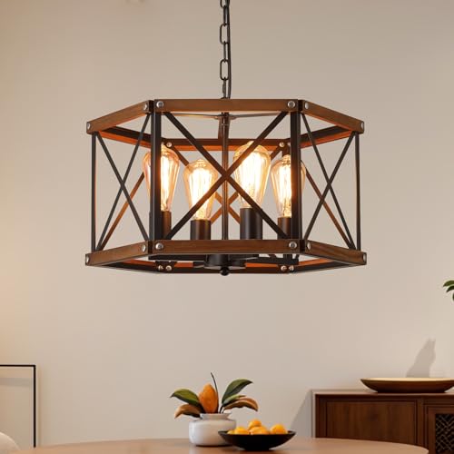 4 Light Large Rustic Farmhouse Wood Pendant Light Fixture with Adjustable Chain