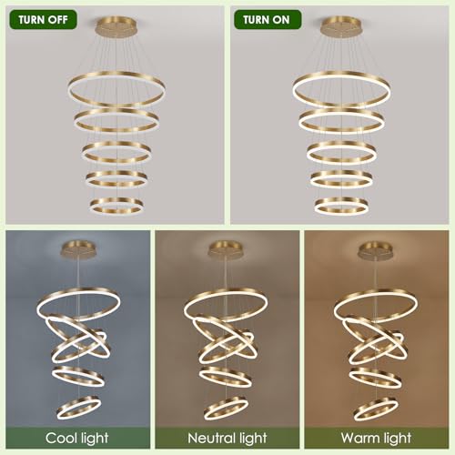5 Rings Modern LED Chandelier Gold High Ceiling Chandelier with Remote Control Dimmable Pendant Lighting for Dining Room Foyer Living Room Entryway Staircase