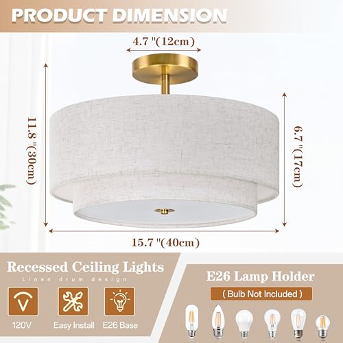 16 Inch 3 Light Semi Flush Mount Ceiling Light Fixture Modern 2 Pack Gold Drum Ceiling Light Fixture with 2 (2 Count)