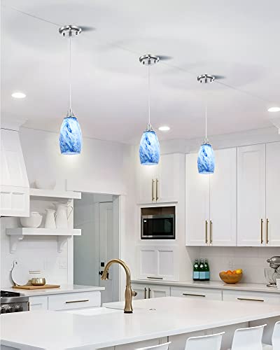 Mini Pendant Lights Kitchen Island White Blue Glass Lamp Shade Hand Blown Glass Pendant Light with Brush Nickel Finish Adjustable Cord for Kitchen Over Sink Hallway