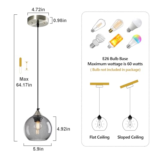 Light Grey Glass Pendant Lights Kitchen Island Globe Pendant Light Fixtures Modern Pendant Lighting for Bedroom Living Dining Room Light Fixture