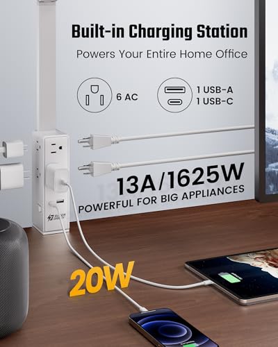 LED Desk Lamp Computer Light with Power Strip with Clamp White